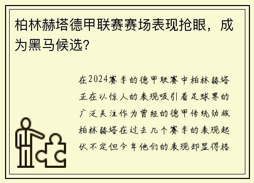 柏林赫塔德甲联赛赛场表现抢眼，成为黑马候选？